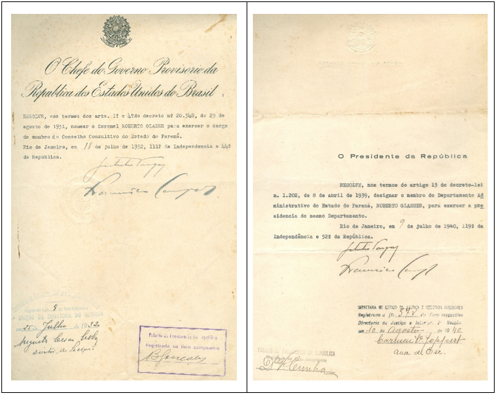 Decreto Lei Assinado por Getúlio Vargas nomeando Roberto Glasser para o Conselho Consultivo do Estado do Paraná (1932) e para o Departamento Administrativo do Estado do Paraná (1939).