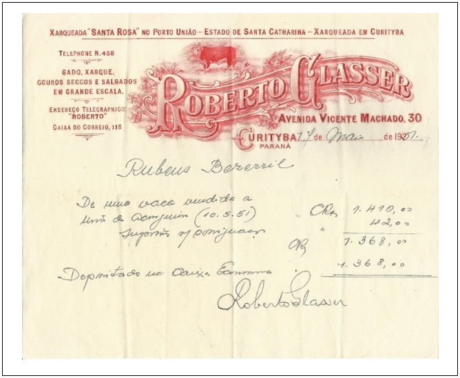 Documento assinado por Roberto Glasser – 1907. (charqueada locais onde o boi era abatido e se procedia ao preparo do charque).