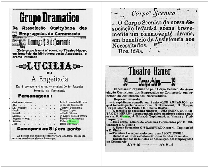 Registros na imprensa curitibana mostram o envolvimento e participação do Senador Roberto Glasser em espetáculos teatrais indicando seu grande encanto pela dramaturgia.